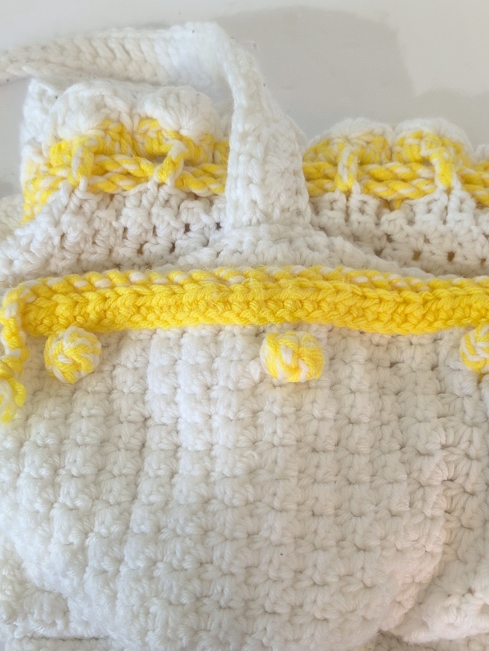 Handmade White/Yellow Crochet Hobo Bag with Yellow Accent, Likely Vintage